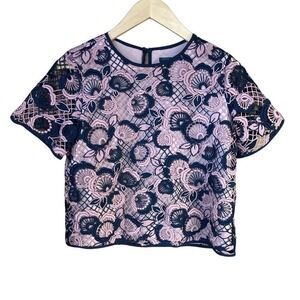 Ann Taylor Women's Shirt‎ Sz 0P Lace Overlay Short Sleeve Blouse